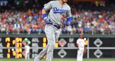 Los Angeles Dodgers right fielder Cody Bellinger rounds the bases after hitting a home run against the Philadelphia Phillies