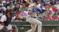 Los Angeles Dodgers right fielder Cody Bellinger hits an RBI single against the Washington Nationals