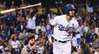 Los Angeles Dodgers outfielder Cody Bellinger hits a home run against the San Diego Padres