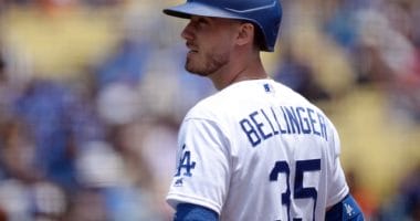 Los Angeles Dodgers right fielder Cody Bellinger on deck at Dodger Stadium