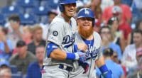 Los Angeles Dodgers teammates Cody Bellinger and Justin Turner celebrate after a home run at Citizens Bank Park