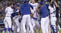 Cody Bellinger, Russell Martin, Joc Pederson, Corey Seager and Chris Taylor celebrate after a Los Angeles Dodgers walk-off win