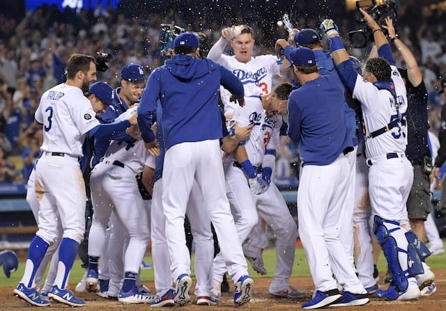 Cody Bellinger, Russell Martin, Joc Pederson, Corey Seager and Chris Taylor celebrate after a Los Angeles Dodgers walk-off win