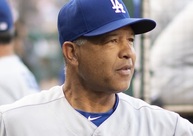 Los Angeles Dodgers manager Dave Roberts in the dugout at Nationals Park