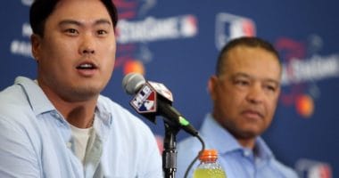 Los Angeles Dodgers manager Dave Roberts and National League starting pitcher Hyun-Jin Ryu during media availability for the 2019 MLB All-Star Game