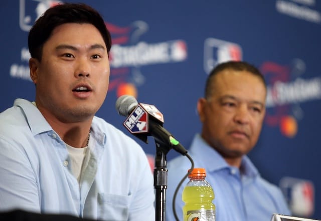 Los Angeles Dodgers manager Dave Roberts and National League starting pitcher Hyun-Jin Ryu during media availability for the 2019 MLB All-Star Game