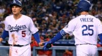 Los Angeles Dodgers teammates David Freese and Corey Seager celebrate during a game against the Cincinnati Reds