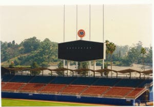 View of old Dodger Stadium video board with classic 76 signage.