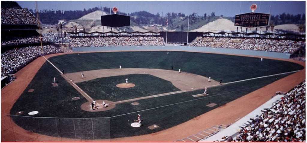 View of old Dodger Stadium with original 76 signage