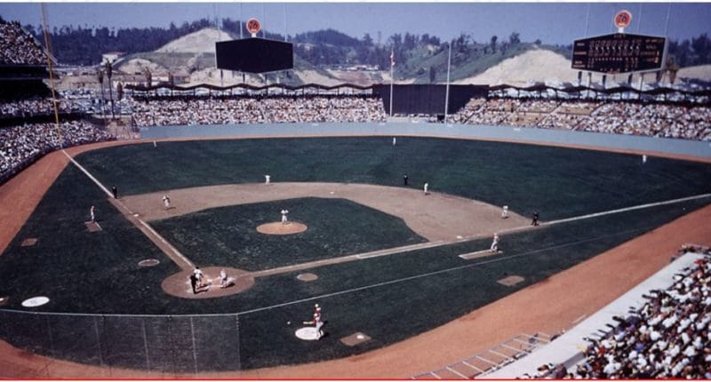 View of old Dodger Stadium with original 76 signage