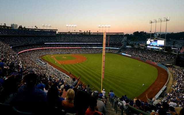 General view of Dodger Stadium during a game between the Los Angeles Dodgers and San Diego Padres on the Fourth of July