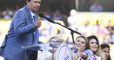 Former Los Angeles Dodgers pitcher Fernando Valenzuela speaks during his Legends of Dodger Baseball ceremony