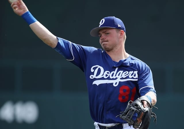 Gavin Lux during a Los Angeles Dodgers Spring Training workout at Camelback Ranch