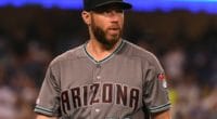 Arizona Diamondbacks closer Greg Holland reacts after issuing a walk to tie a game with the Los Angeles Dodgers