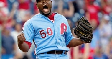 Philadelphia Phillies closer Hector Neris reacts after converting a save against the Los Angeles Dodgers