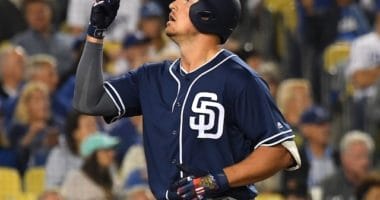 San Diego Padres outfielder Hunter Renfroe reacts after hitting a home run against the Los Angeles Dodgers
