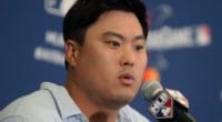Los Angeles Dodgers and National League starting pitcher Hyun-Jin Ryu during media availability for the 2019 MLB All-Star Game