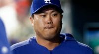 Los Angeles Dodgers starting pitcher Hyun-Jin Ryu in the dugout at Coors Field