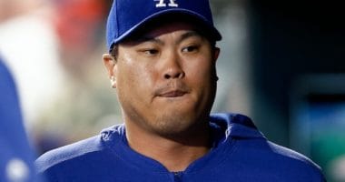 Los Angeles Dodgers starting pitcher Hyun-Jin Ryu in the dugout at Coors Field