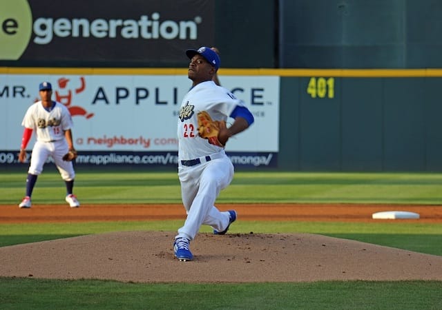 Los Angeles Dodgers prospects Jeter Downs (shortstop) and Josiah Gray (pitcher) in a game for High-A Rancho Cucamonga Quakes