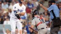 Los Angeles Dodgers outfielder Joc Pederson hit by a pitch with the bases loaded