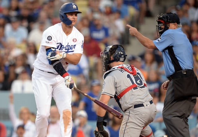Los Angeles Dodgers outfielder Joc Pederson hit by a pitch with the bases loaded