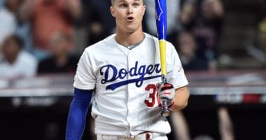 Los Angeles Dodgers outfielder Joc Pederson in the 2019 Home Run Derby at Progressive Field