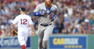 Los Angeles Dodgers third baseman Justin Turner rounds the bases after hitting a home run at Fenway Park