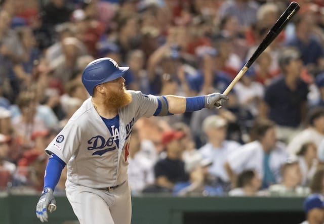 Los Angeles Dodgers third baseman Justin Turner hits a home run against the Washington Nationals