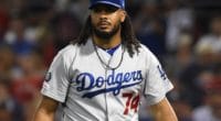 Los Angeles Dodgers closer Kenley Jansen walks off the field after pitching against the Boston Red Sox
