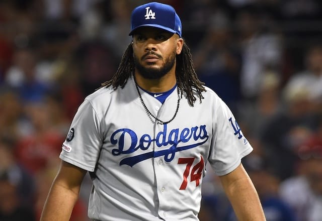 Los Angeles Dodgers closer Kenley Jansen walks off the field after pitching against the Boston Red Sox
