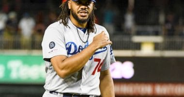 Los Angeles Dodgers closer Kenley Jansen reacts after a save against the Washington Nationals
