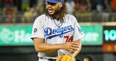 Los Angeles Dodgers closer Kenley Jansen reacts after a save against the Washington Nationals