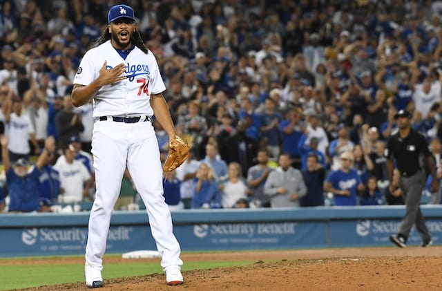 Los Angeles Dodgers closer Kenley Jansen celebrates after a win against the Miami Marlins