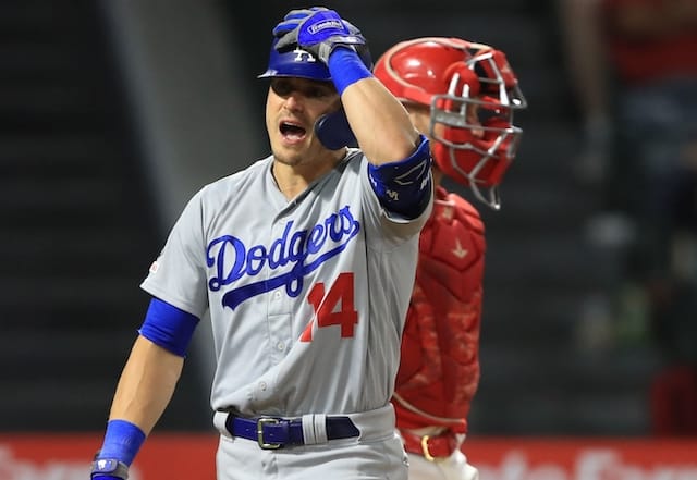 Los Angeles Dodgers second baseman Kiké Hernandez reacts after striking out