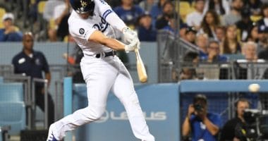 Los Angeles Dodgers second baseman Kiké Hernandez hits a ground ball