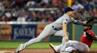 Los Angeles Dodgers second baseman Kiké Hernandez receives a throw against the Boston Red Sox