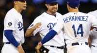Kiké Hernandez, A.J. Pollock and Corey Seager celebrate after a Los Angeles Dodgers win
