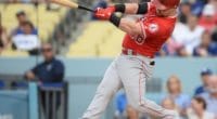 Los Angeles Angels of Anaheim right fielder Kole Calhoun hits a double against the Los Angeles Dodgers