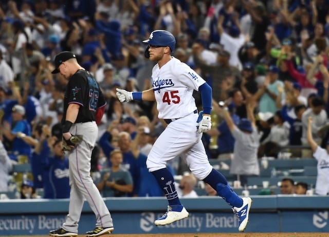 Los Angeles Dodgers infielder Matt Beaty rounds the bases after hitting a home run against the Miami Marlins
