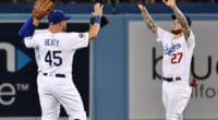 Outfielders Matt Beaty, Alex Verdugo celebrate after a Los Angeles Dodgers win