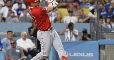 Los Angeles Angels of Anaheim Mike Trout hits a home run at Dodger Stadium
