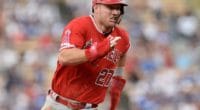 Los Angeles Angels of Anaheim center fielder Mike Trout runs the bases at Dodger Stadium