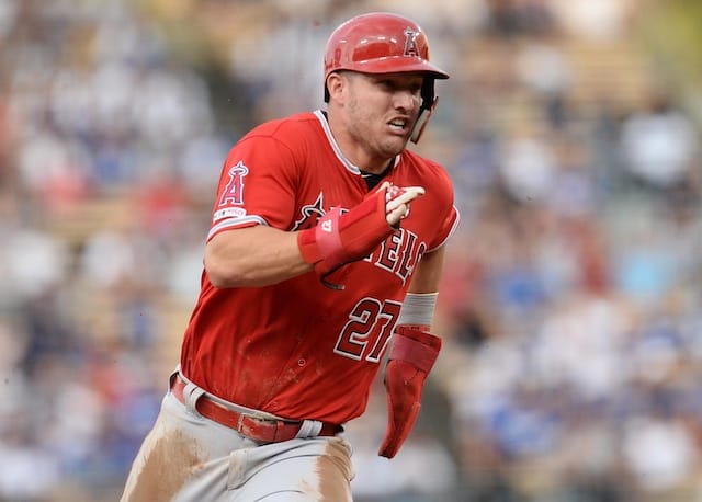 Los Angeles Angels of Anaheim center fielder Mike Trout runs the bases at Dodger Stadium