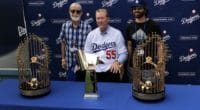 Orel Hershiser poses with World Series trophies during 2018 Dodgers All-Access at Dodger Stadium