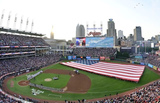 General view of Progressive Field during a flyover before the 2019 MLB All-Star Game in Cleveland