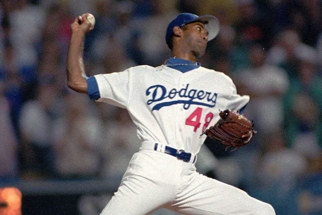 Los Angeles Dodgers starting pitcher Ramon Martinez during a no-hitter against the Florida Marlins