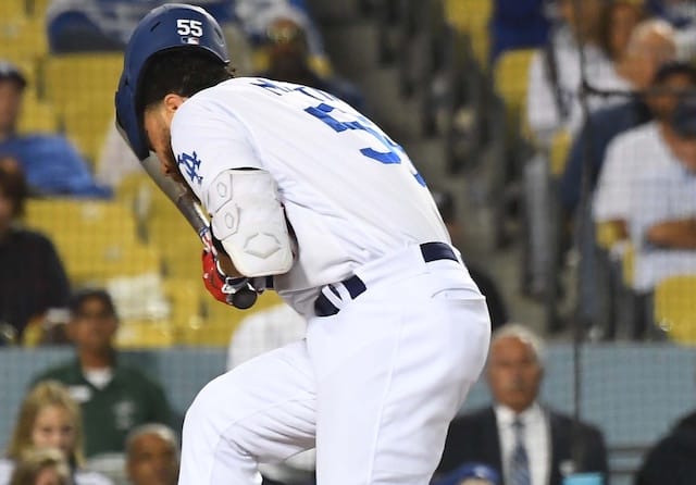 Los Angeles Dodgers catcher Russell Martin is hit by a pitch in the head