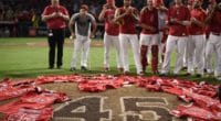 Los Angeles Angels of Anaheim players place their Tyler Skaggs jerseys on the mound after throwing a combined no-hitter against the Seattle Mariners
