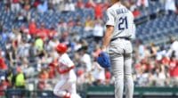 Los Angeles Dodgers pitcher Walker Buehler reacts after allowing a home run to Washington Nationals second baseman Brian Dozier